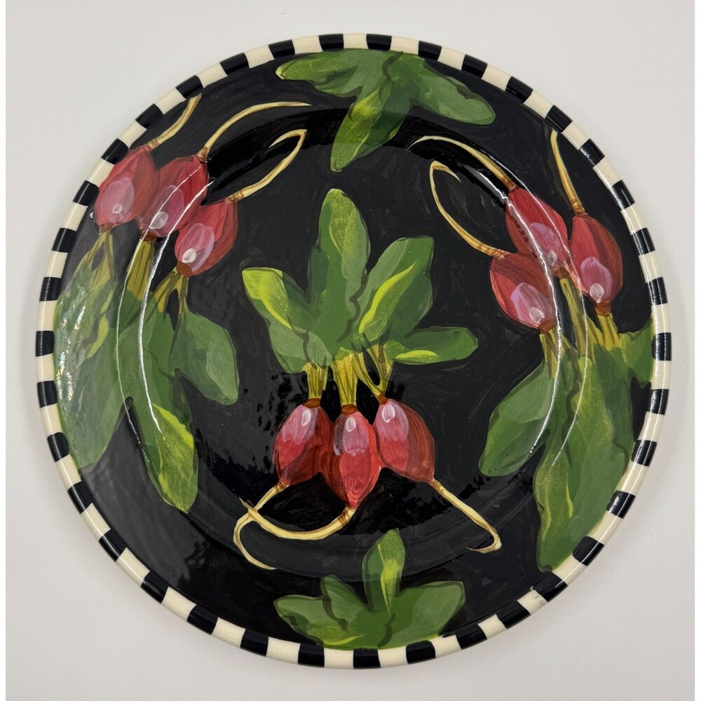 Droll Designs Radishes Salad Plate Black 8 3/4" Black and White Rim